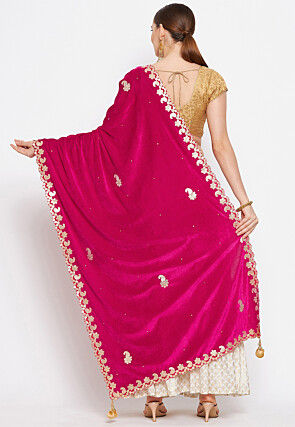 Embroidered Velvet Dupatta in Fuchsia