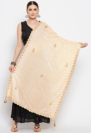 Embroidered Velvet Dupatta in Light Beige
