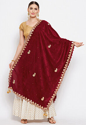 Embroidered Velvet Dupatta in Maroon