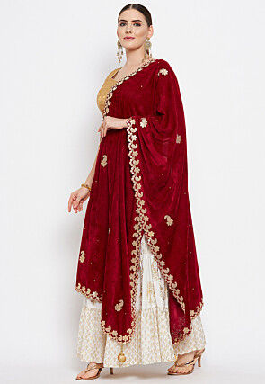 Embroidered Velvet Dupatta in Maroon