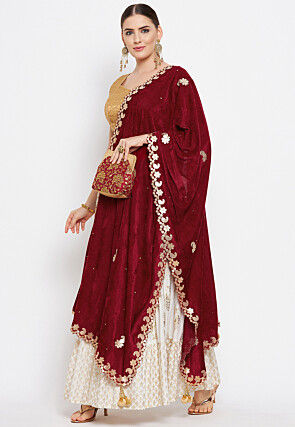 Embroidered Velvet Dupatta in Maroon