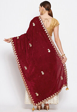 Embroidered Velvet Dupatta in Maroon