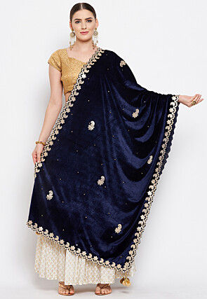 Embroidered Velvet Dupatta in Navy Blue
