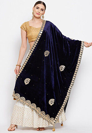 Embroidered Velvet Dupatta in Navy Blue