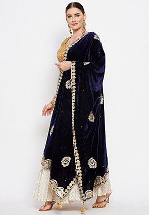 Embroidered Velvet Dupatta in Navy Blue