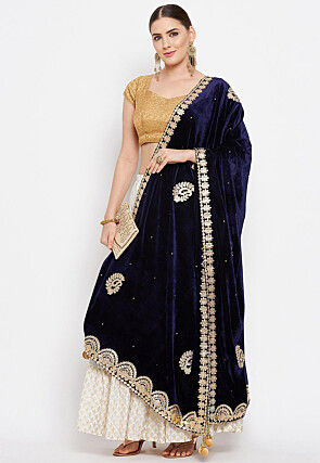 Embroidered Velvet Dupatta in Navy Blue