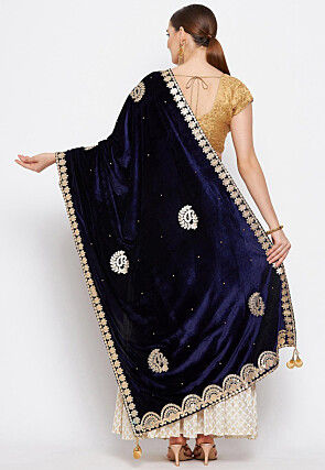 Embroidered Velvet Dupatta in Navy Blue