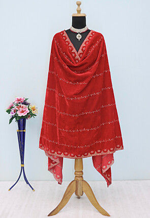 Embroidered Velvet Dupatta in Red
