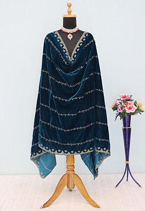 Embroidered Velvet Dupatta in Teal Blue