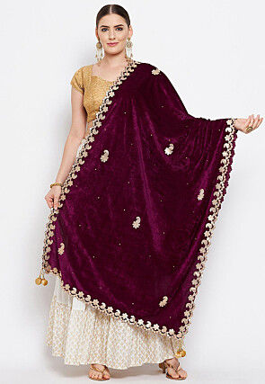 Embroidered Velvet Dupatta in Violet