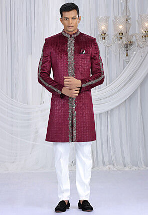 Embroidered Velvet Embossed Sherwani in Wine