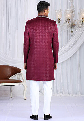 Embroidered Velvet Embossed Sherwani in Wine