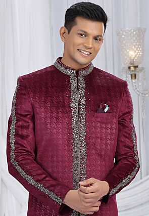 Embroidered Velvet Embossed Sherwani in Wine