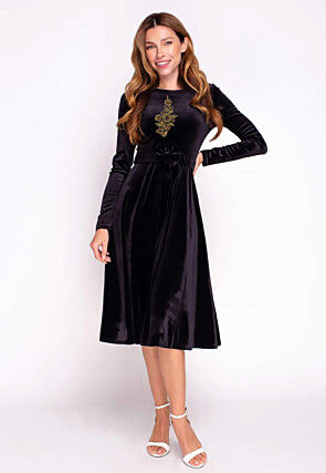 Embroidered Velvet Fit N Flare Dress in Black