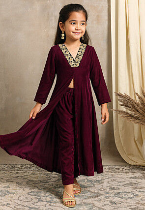 Embroidered Velvet Front Open A Line Kurta Set in Violet
