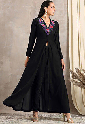 Embroidered Velvet Front Slit Kurta in Black