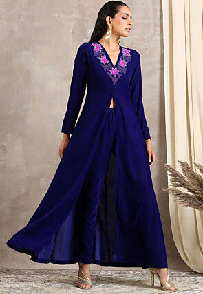 Embroidered Velvet Front Slit Kurta in Navy Blue