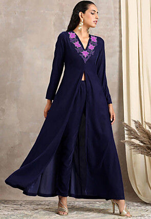 Embroidered Velvet Front Slit Kurta in Navy Blue