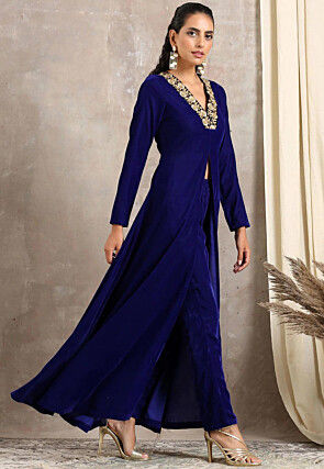 Embroidered Velvet Front Slit Kurta in Royal Blue