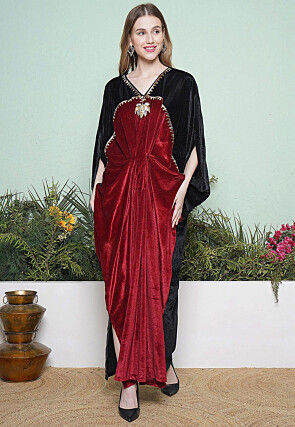Embroidered Velvet Gown in Black and Maroon