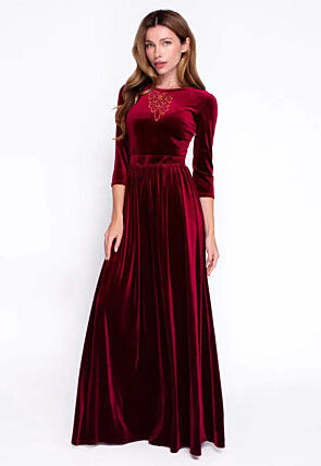 Embroidered Velvet Gown in Maroon