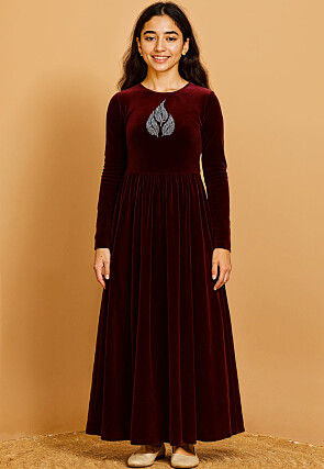 Embroidered Velvet Gown in Maroon