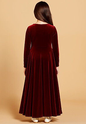 Embroidered Velvet Gown in Maroon