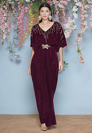 Embroidered Velvet Gown in Wine
