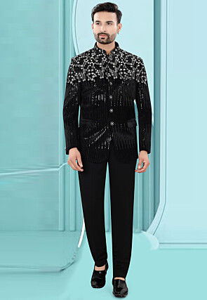 Embroidered Velvet Jodhpuri Jacket in Black