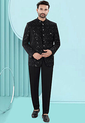 Embroidered Velvet Jodhpuri Jacket in Black