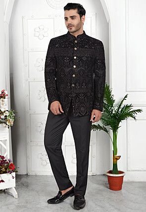 Embroidered Velvet Jodhpuri Jacket in Black