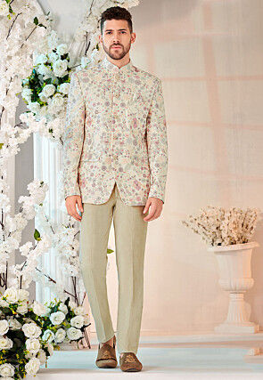 Embroidered Velvet Jodhpuri Jacket in Cream
