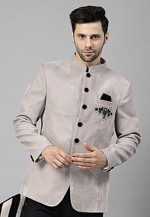 Embroidered Velvet Jodhpuri Jacket in Light Grey