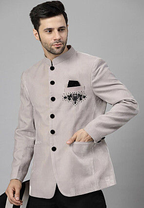 Embroidered Velvet Jodhpuri Jacket in Light Grey