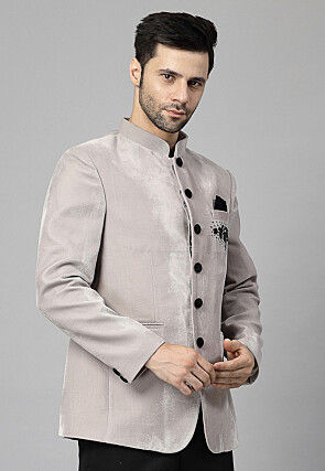 Embroidered Velvet Jodhpuri Jacket in Light Grey