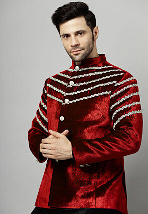 Embroidered Velvet Jodhpuri Jacket in Maroon
