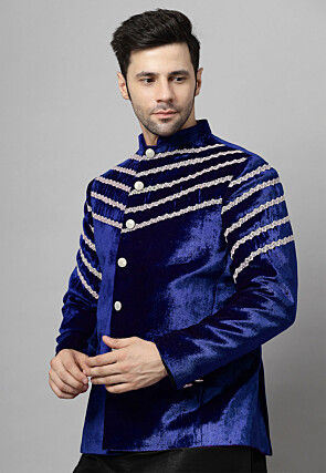 Embroidered Velvet Jodhpuri Jacket in Royal Blue