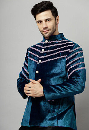 Embroidered Velvet Jodhpuri Jacket in Teal Blue
