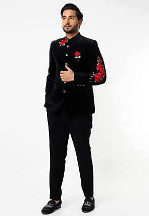 Embroidered Velvet Jodhpuri Suit in Black