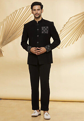 Embroidered Velvet Jodhpuri Suit in Black