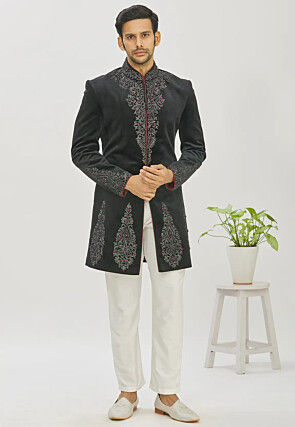 Embroidered Velvet Jodhpuri Suit in Black