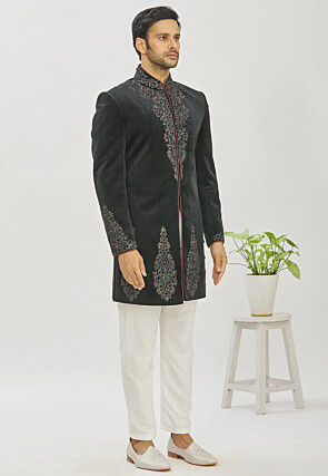 Embroidered Velvet Jodhpuri Suit in Black