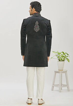 Embroidered Velvet Jodhpuri Suit in Black