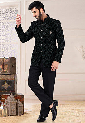 Embroidered Velvet Jodhpuri Suit in Black