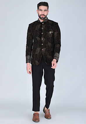 Embroidered Velvet Jodhpuri Suit in Black