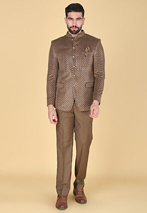 Embroidered Velvet Jodhpuri Suit in Brown