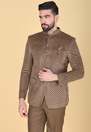 Embroidered Velvet Jodhpuri Suit in Brown