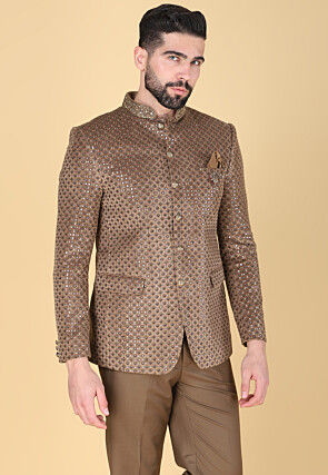 Embroidered Velvet Jodhpuri Suit in Brown