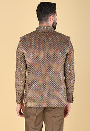 Embroidered Velvet Jodhpuri Suit in Brown