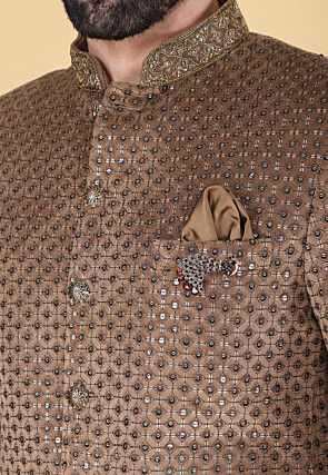 Embroidered Velvet Jodhpuri Suit in Brown